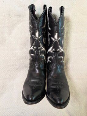 Durango Black Leather Western Cowboy Boots with White Stitch Accent